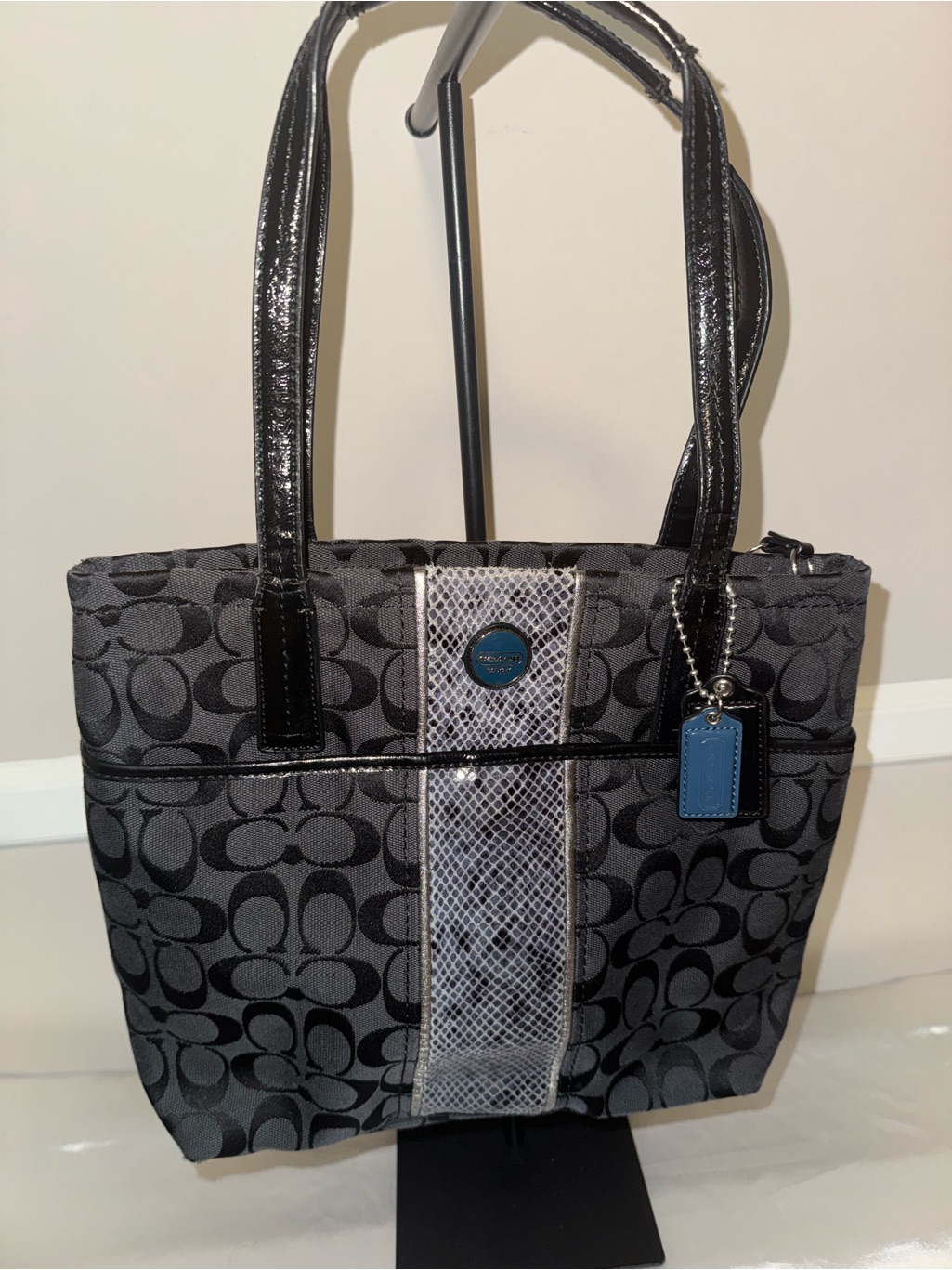 Coach Gray And Black Signature Tote With Blue Accent